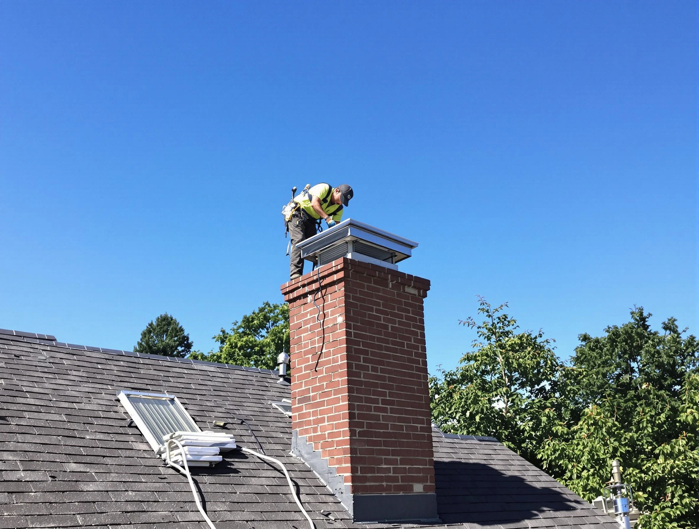 Fort Lee Chimney Sweep technician measuring a chimney cap in Fort Lee, VA